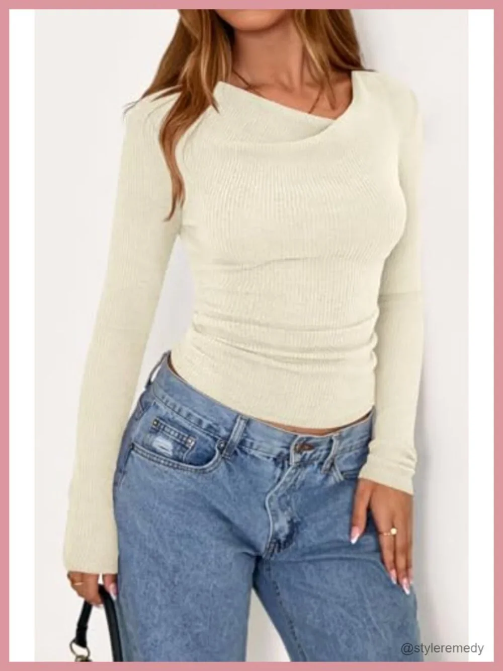 Long Sleeve Cowl Neck Ribbed Knit Crop Top Ruched T-Shirt